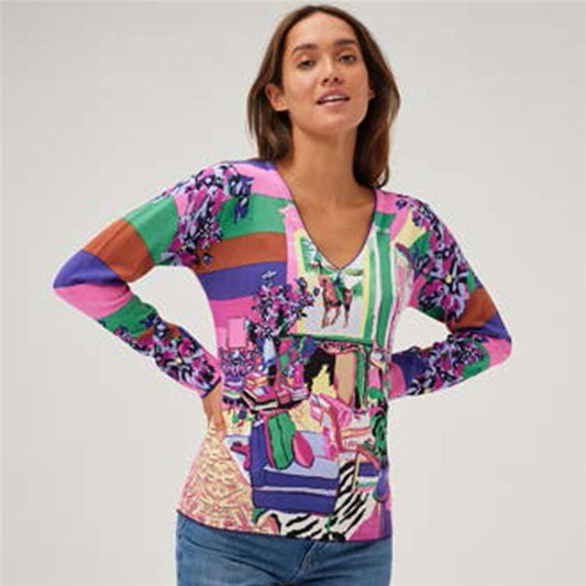 Vibrant V Neck Print Jumper DW229