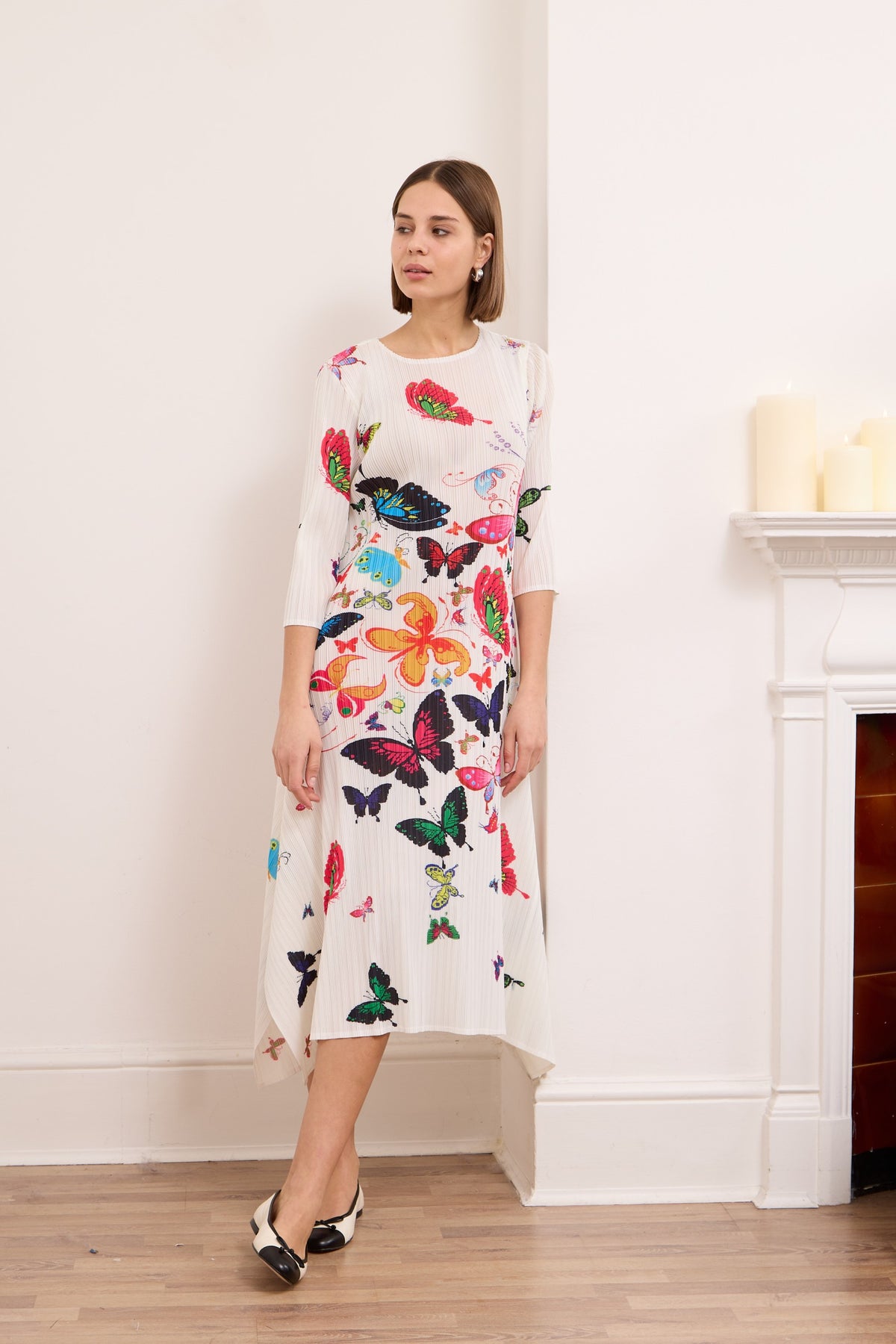 Abstract Butterfly Plissé Midi Dress
