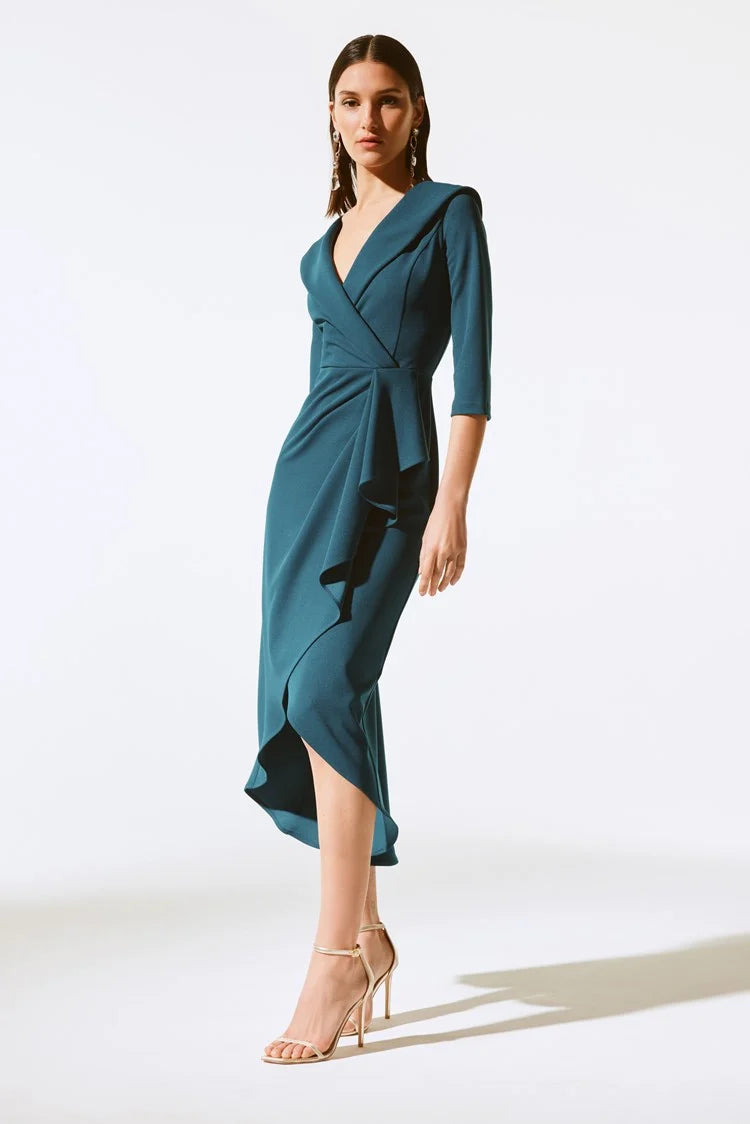 Royal Blue Scuba Crepe Ruffled Sheath Dress