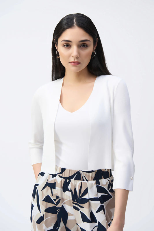 Joseph Ribkoff Elegant White Cropped Cardigan with Pearl Ornament 251900
