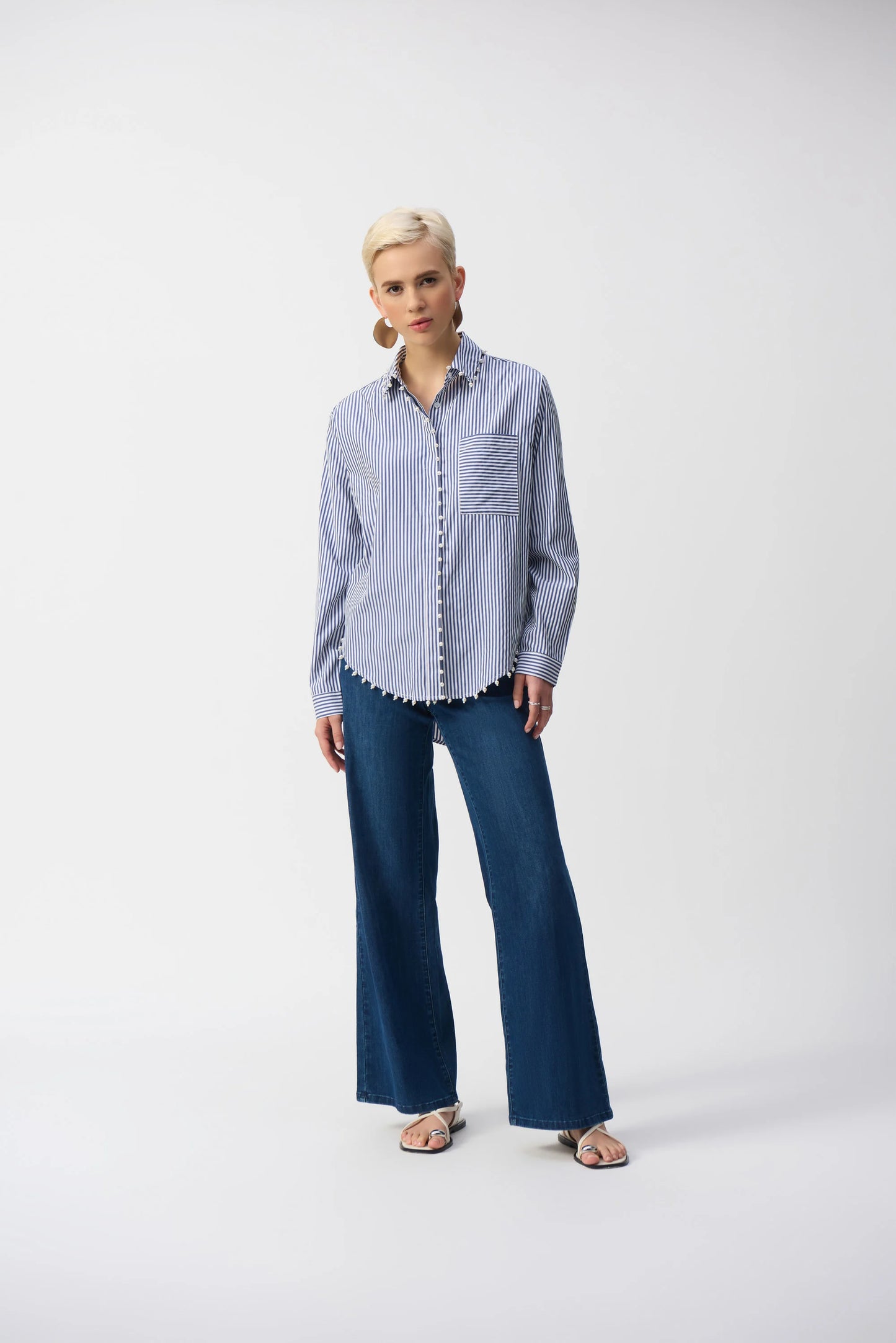 Striped Cotton Button up with Pearl Accent
