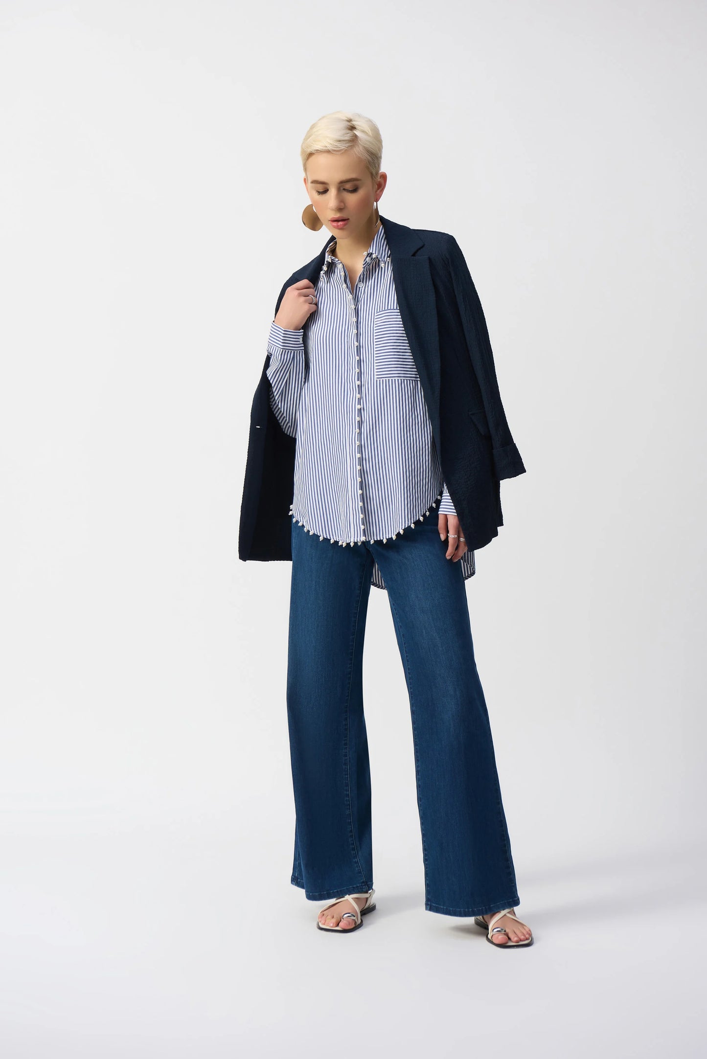 Striped Cotton Button up with Pearl Accent