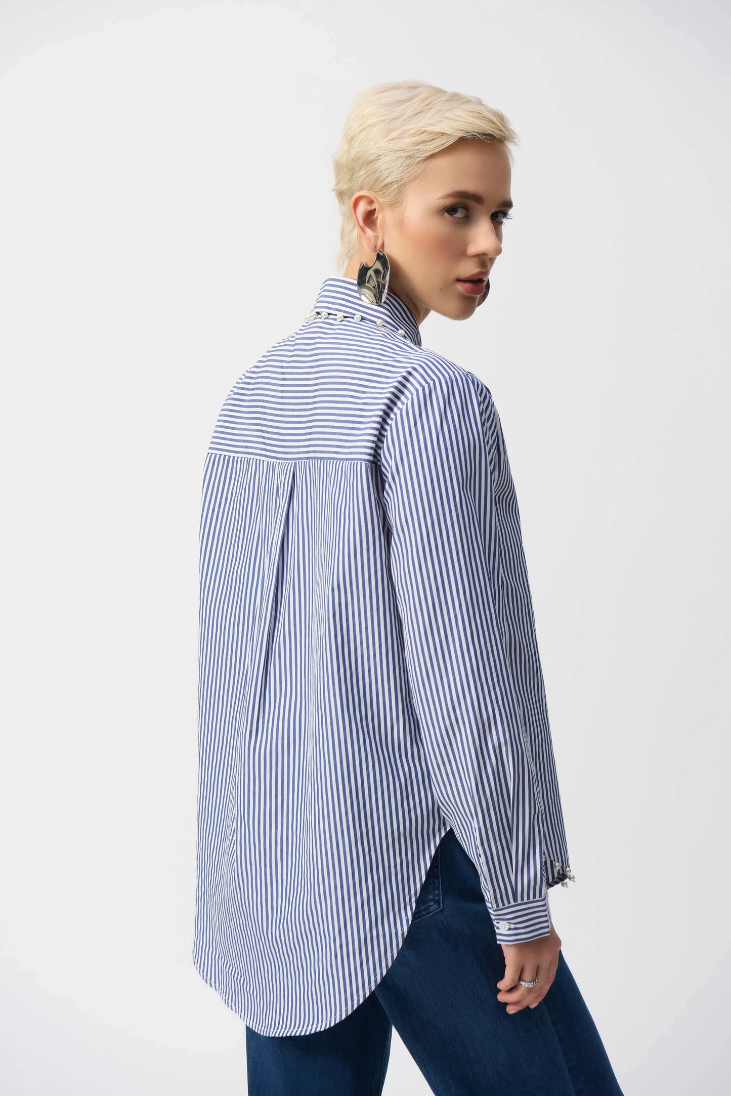 Striped Cotton Button up with Pearl Accent