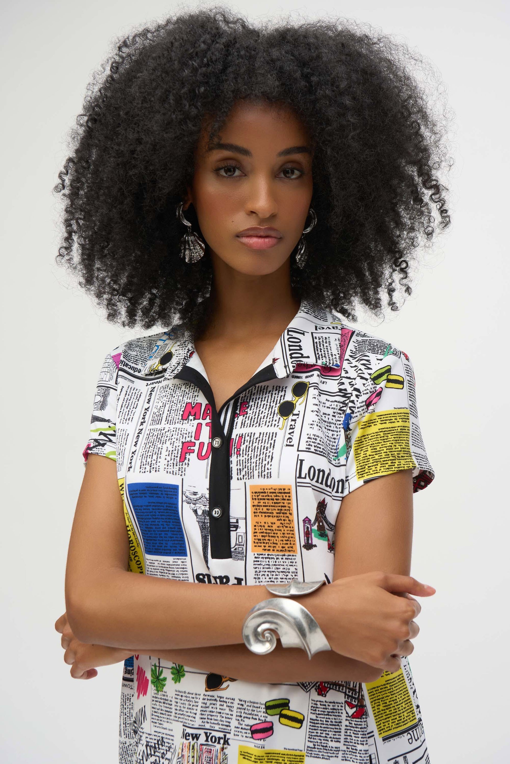 Joseph Ribkoff Silky Knit Newspaper Print Shift Dress 252186