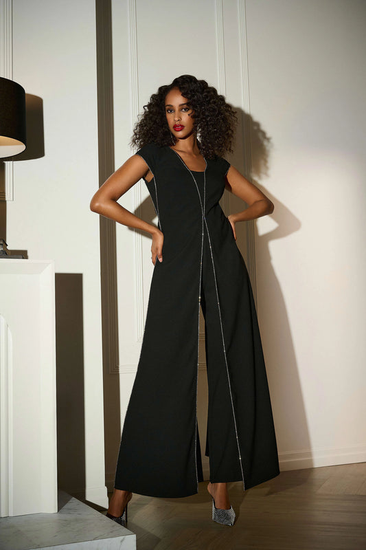 Woven Wide Leg Jumpsuit with Rhinestone Detail