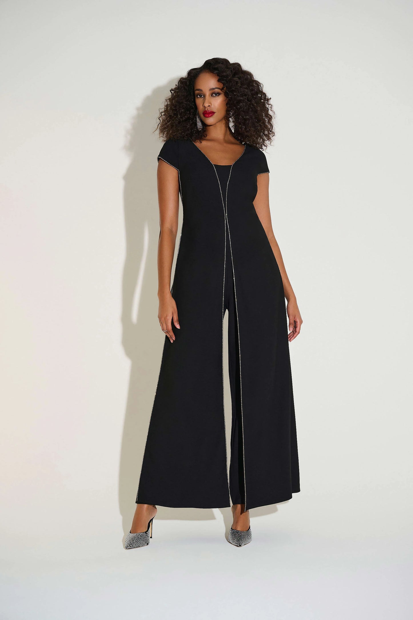Woven Wide Leg Jumpsuit with Rhinestone Detail