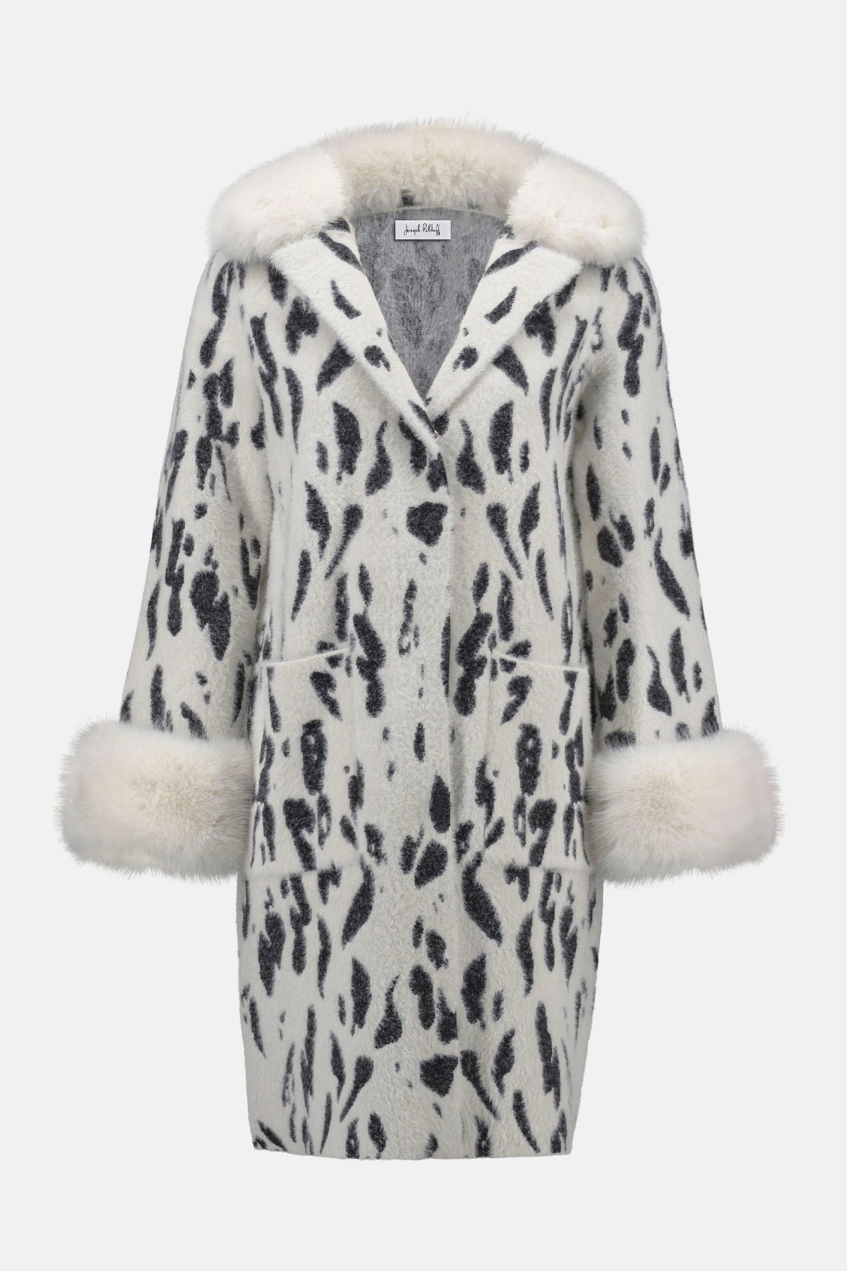 Feather Yarn Animal Jacquard Coat with Faux Fur Trim
