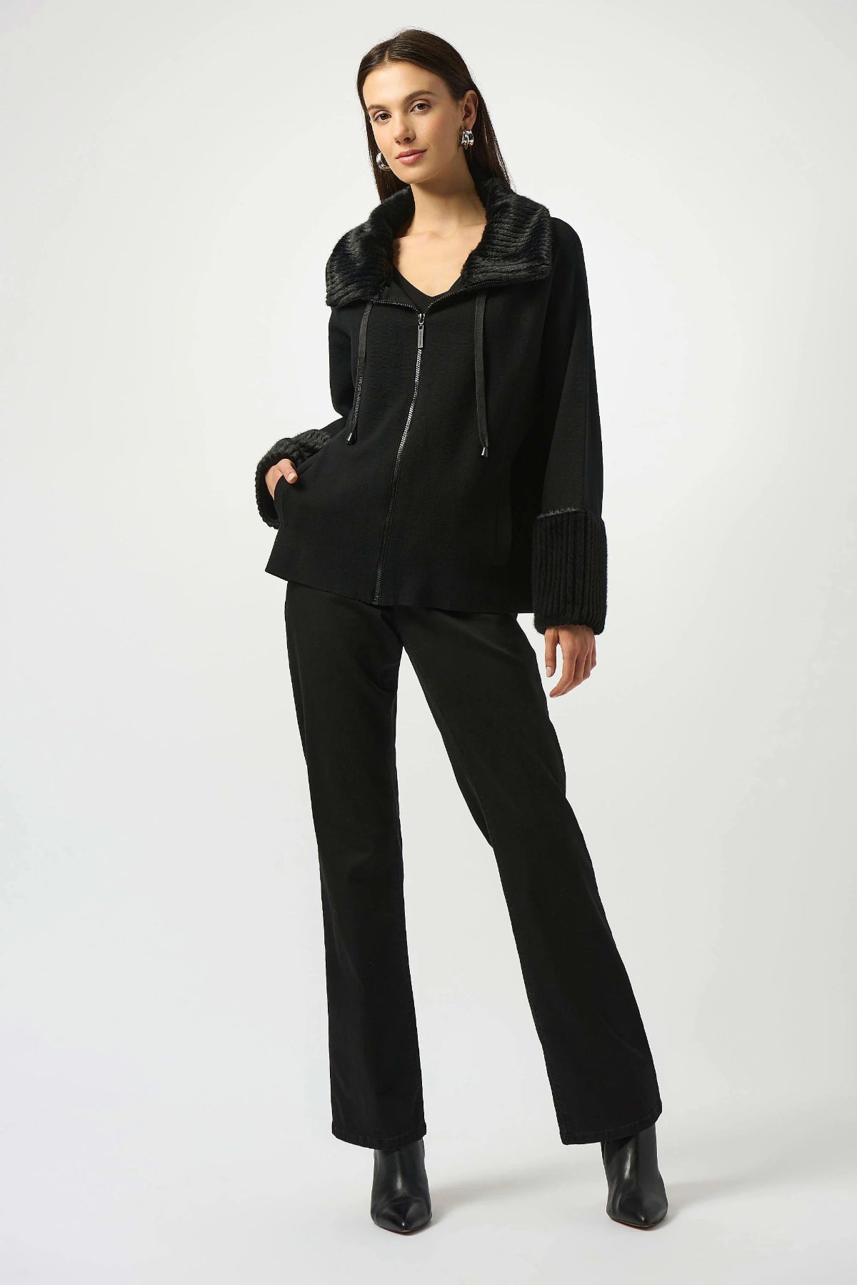 Sweater Knit Coat With Fur Trim