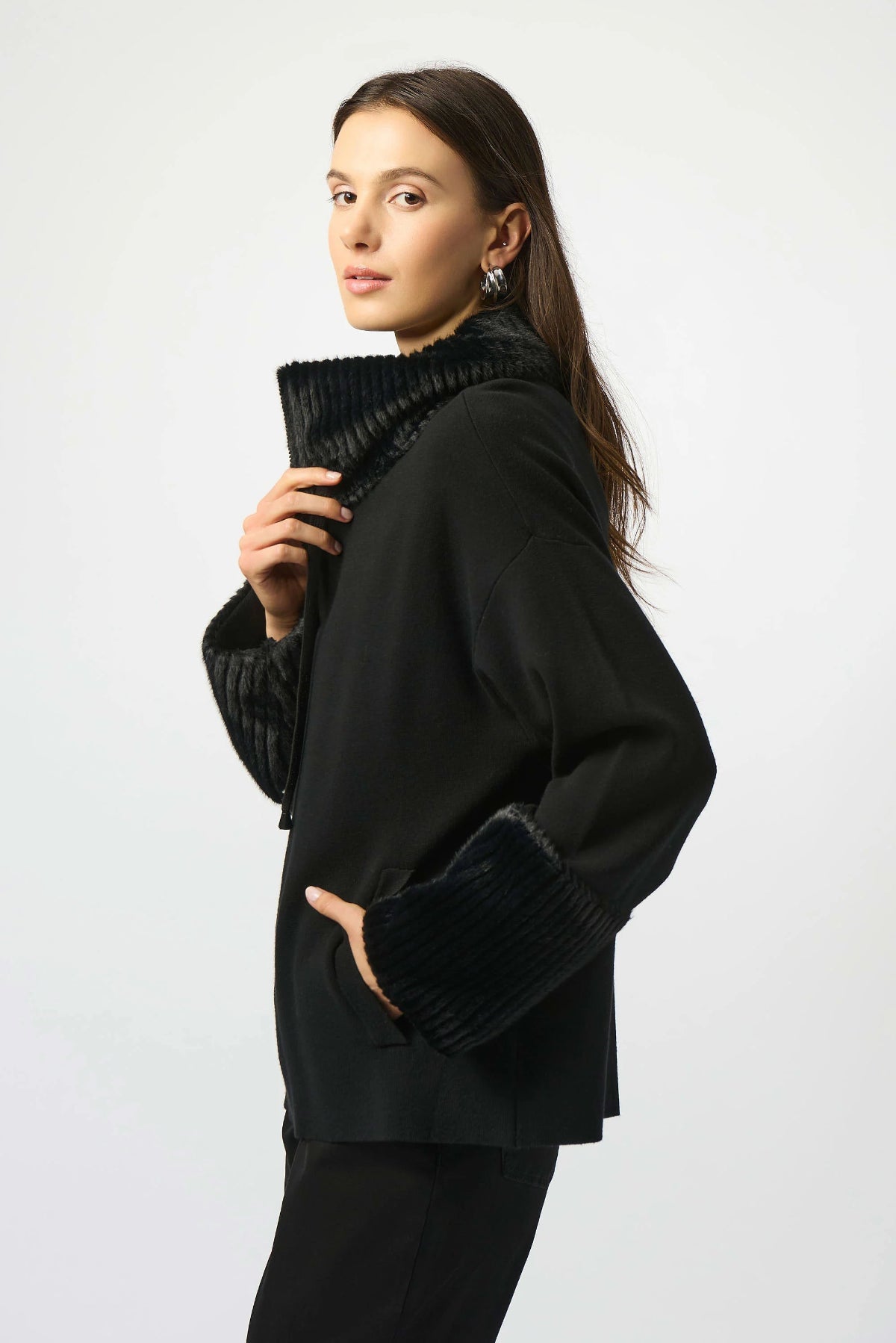 Sweater Knit Coat With Fur Trim