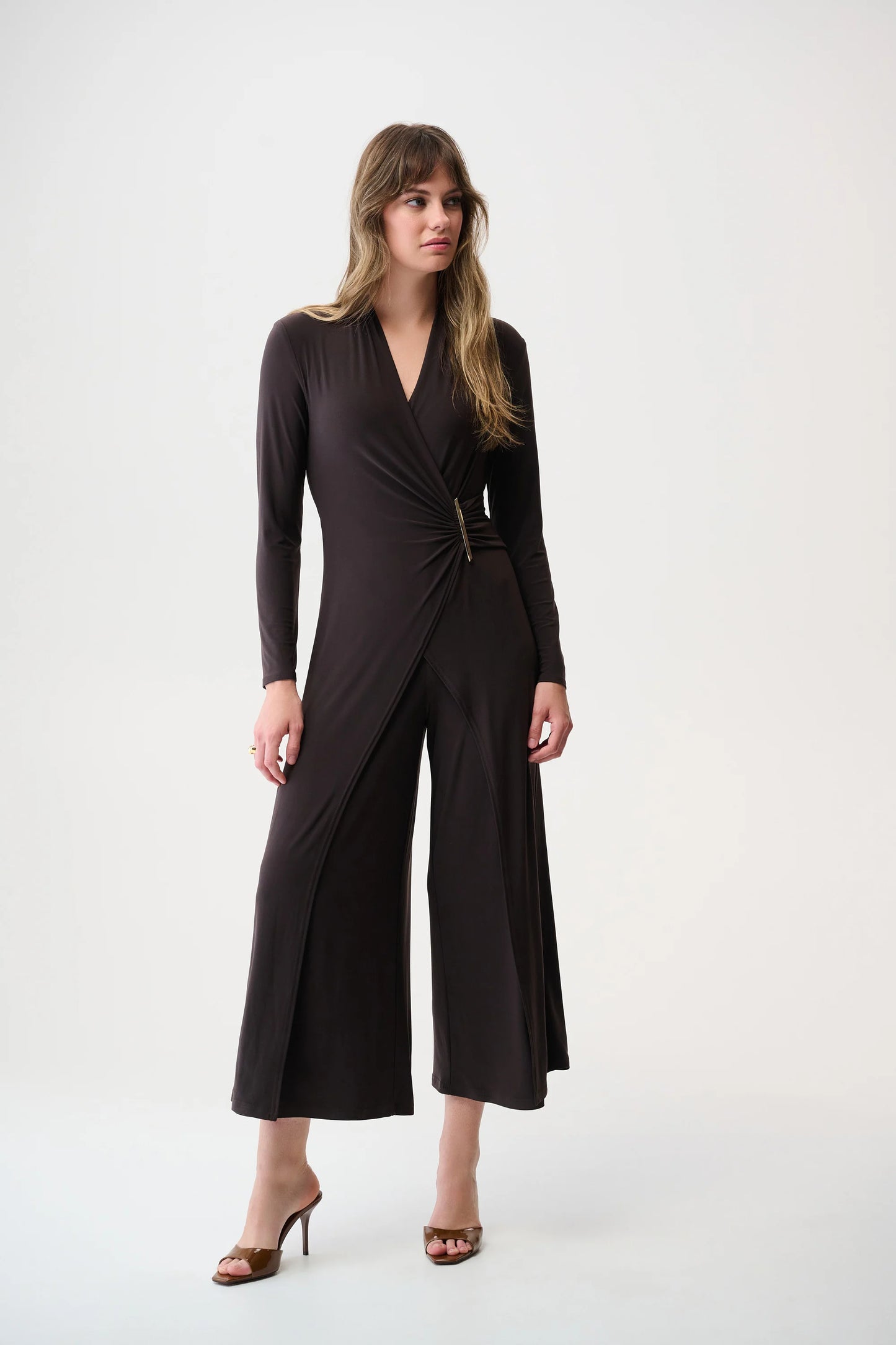 Mocha Wide Leg Wrap Jumpsuit with Ornament Detail