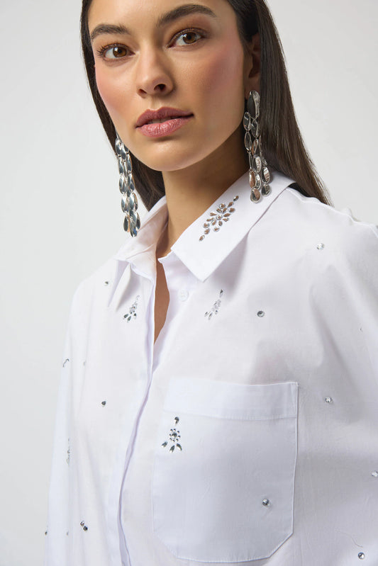 Stretch Cotton White Shirt with Diamanté