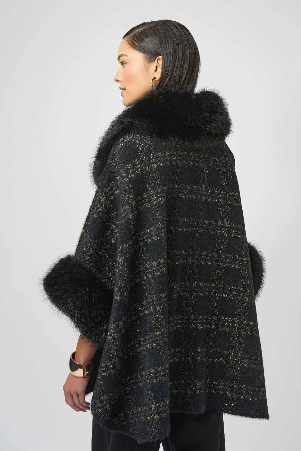 Jacquard Sweater Knit Cape with Faux Fur Accents
