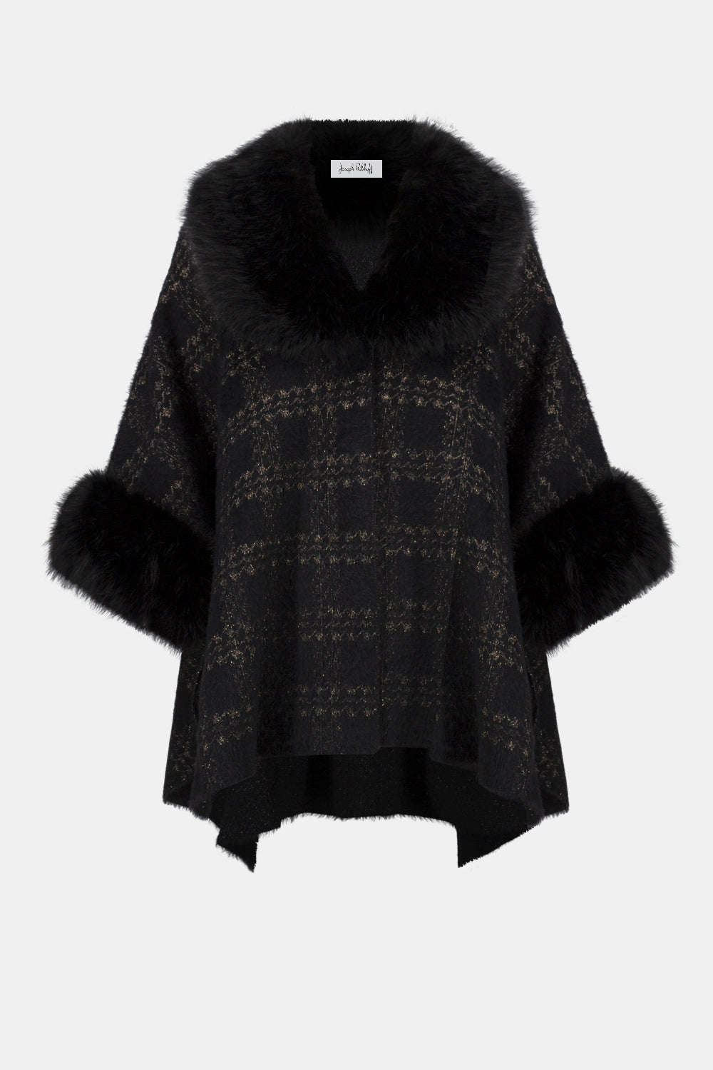 Jacquard Sweater Knit Cape with Faux Fur Accents