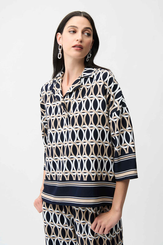 Geometric Print Boxy Top With Shirt Collar