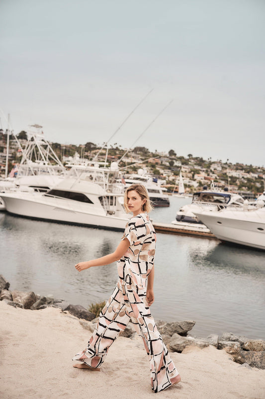 Recycled Satin Abstract Print Wide Leg Pull-On Trousers