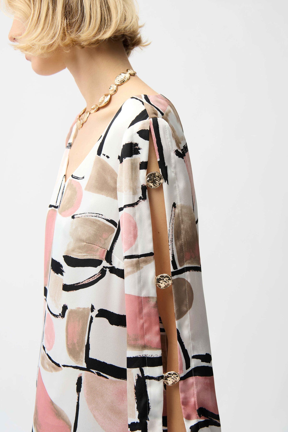 Satin Abstract Print Trapeze Dress With Gold Detail - Lucindas on-line