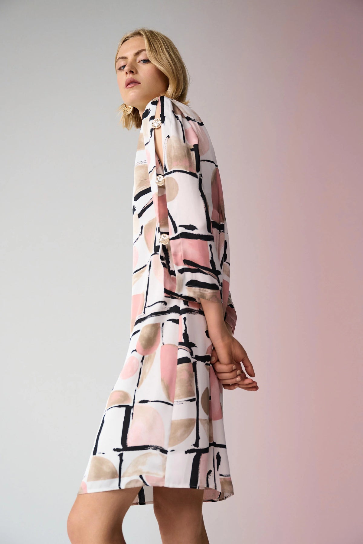 Satin Abstract Print Trapeze Dress With Gold Detail - Lucindas on-line