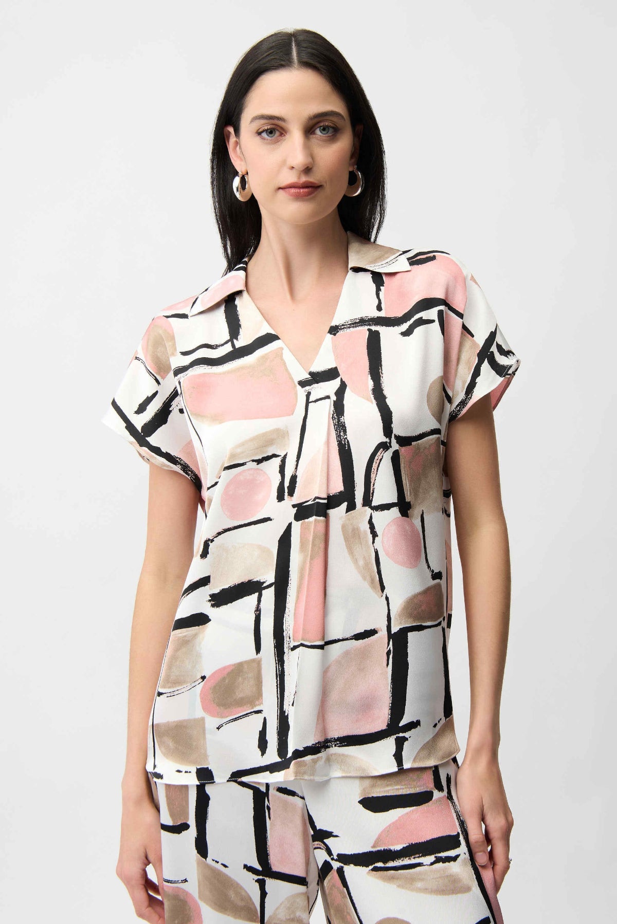 Joseph Ribkoff Satin Abstract Print Boxy Top With V-neckline