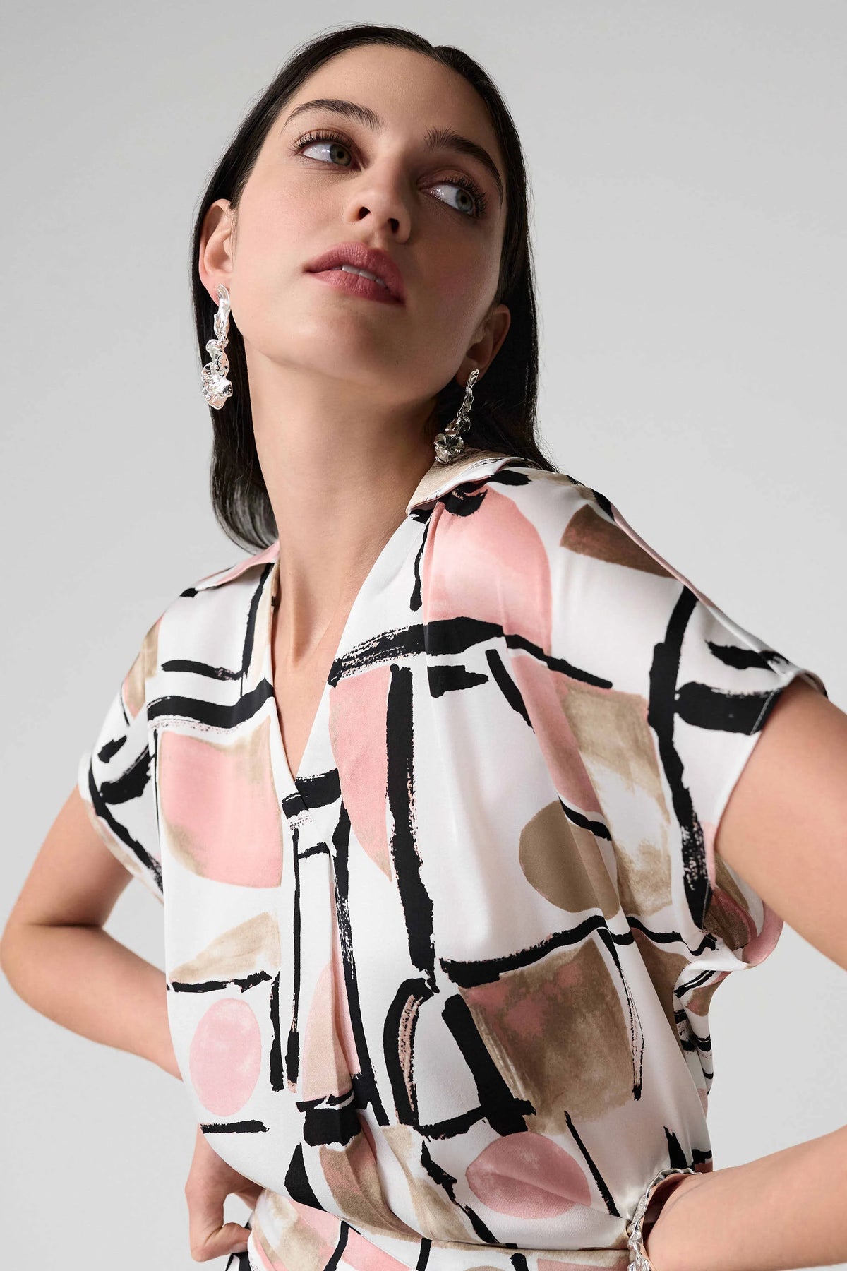 Joseph Ribkoff Satin Abstract Print Boxy Top With V-neckline - Lucindas on-line