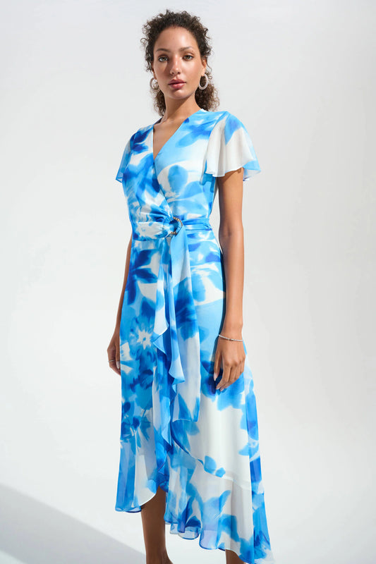 Blue Chiffon Print Wrap Dress With Ruffle Detail