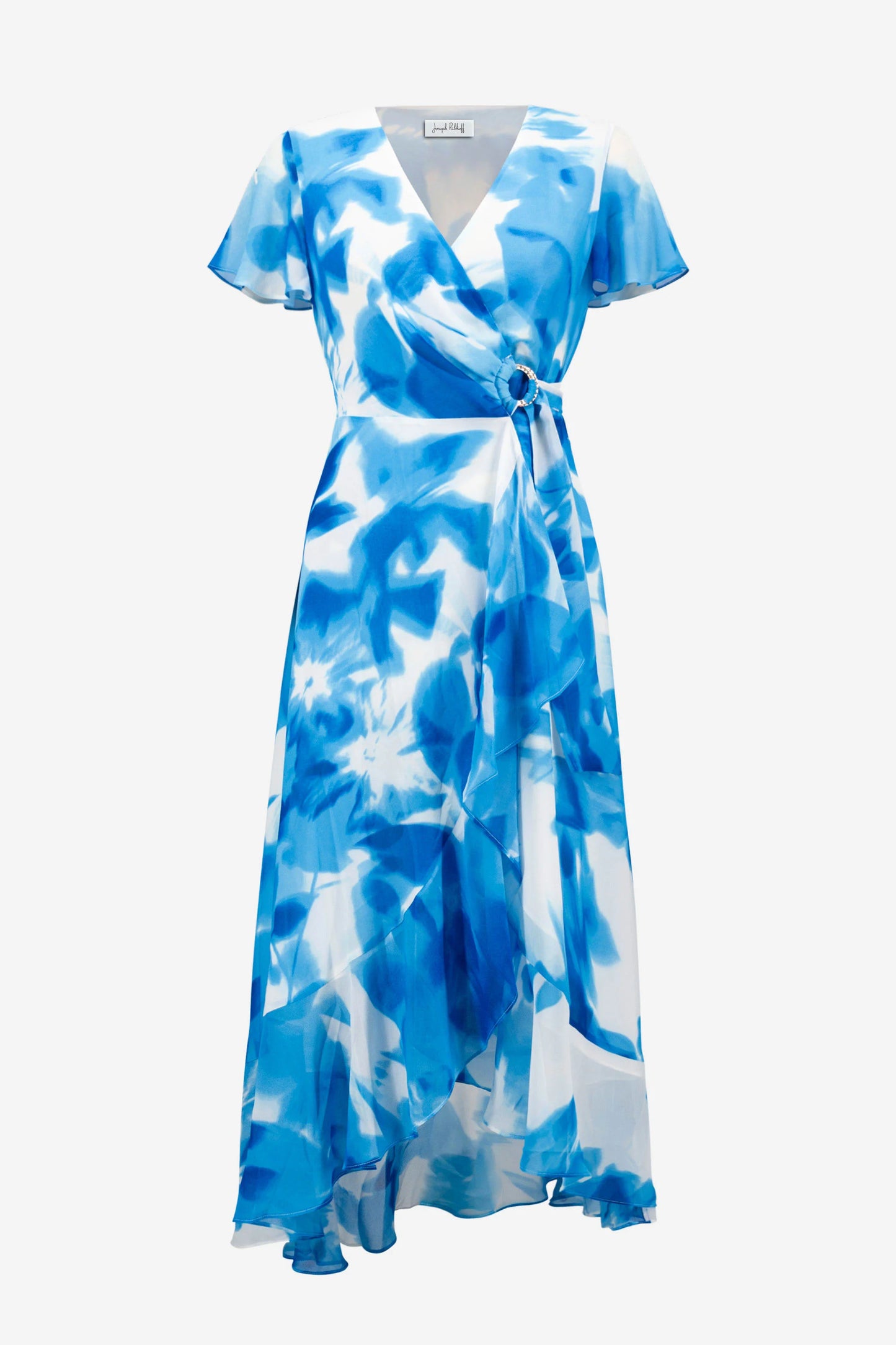 Blue Chiffon Print Wrap Dress With Ruffle Detail