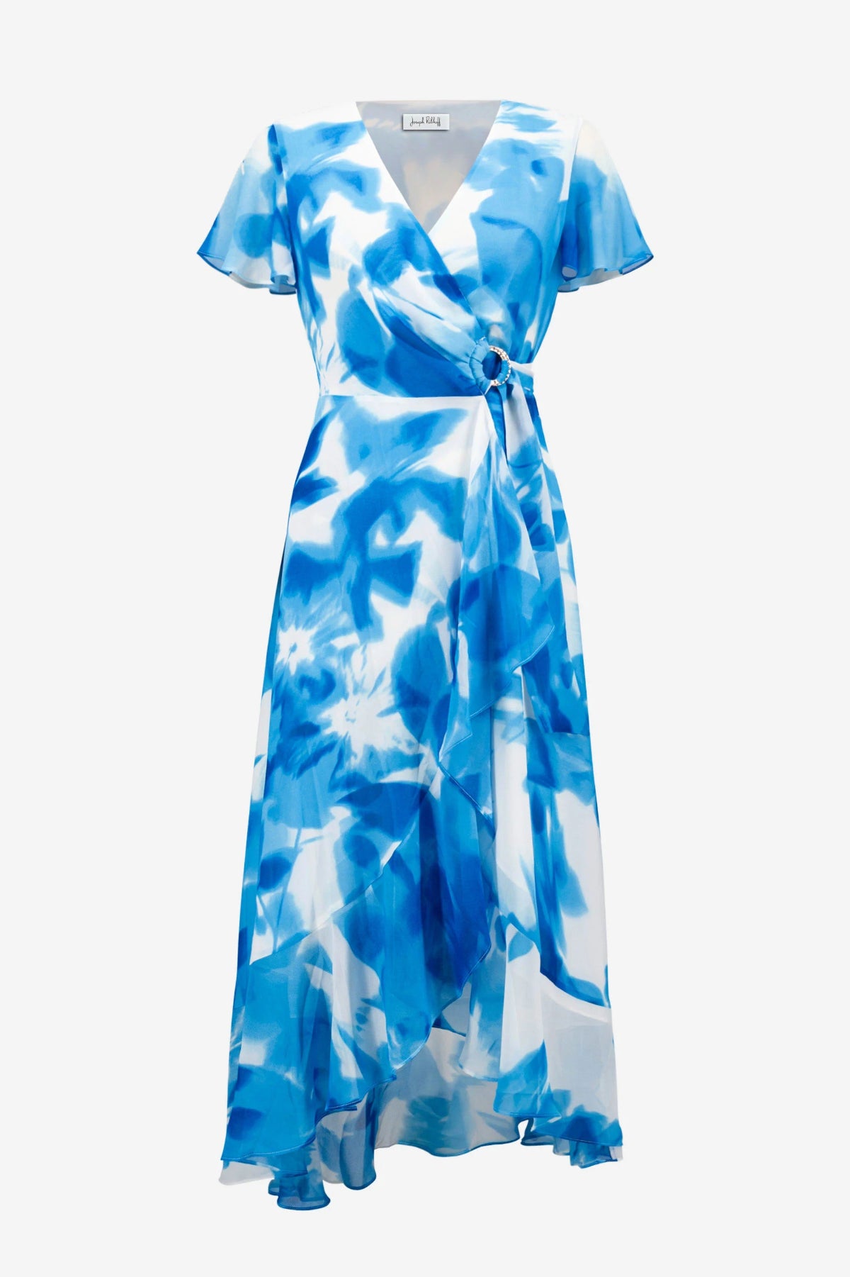 Joseph Ribkoff Blue Chiffon Print Wrap Dress With Ruffle Detail