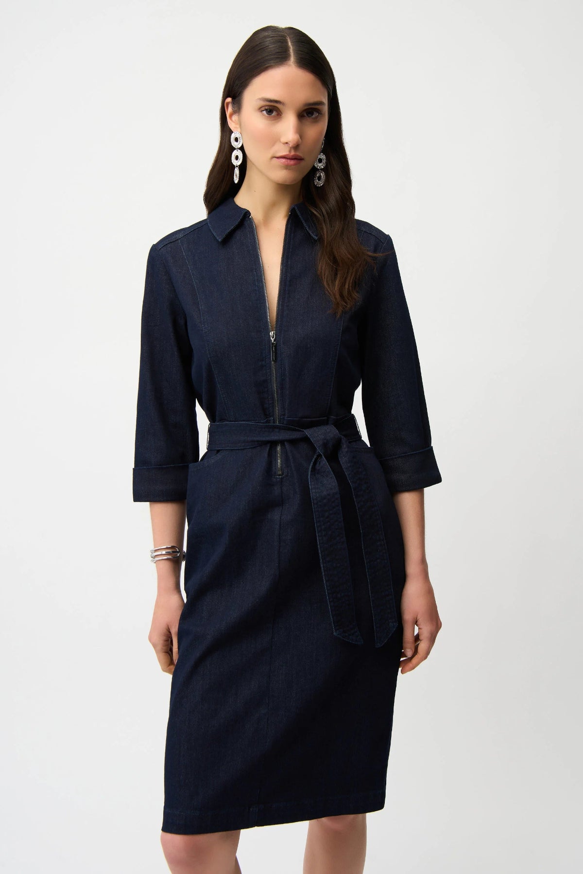 Joseph Ribkoff Denim Dress With Half Zip and Belt