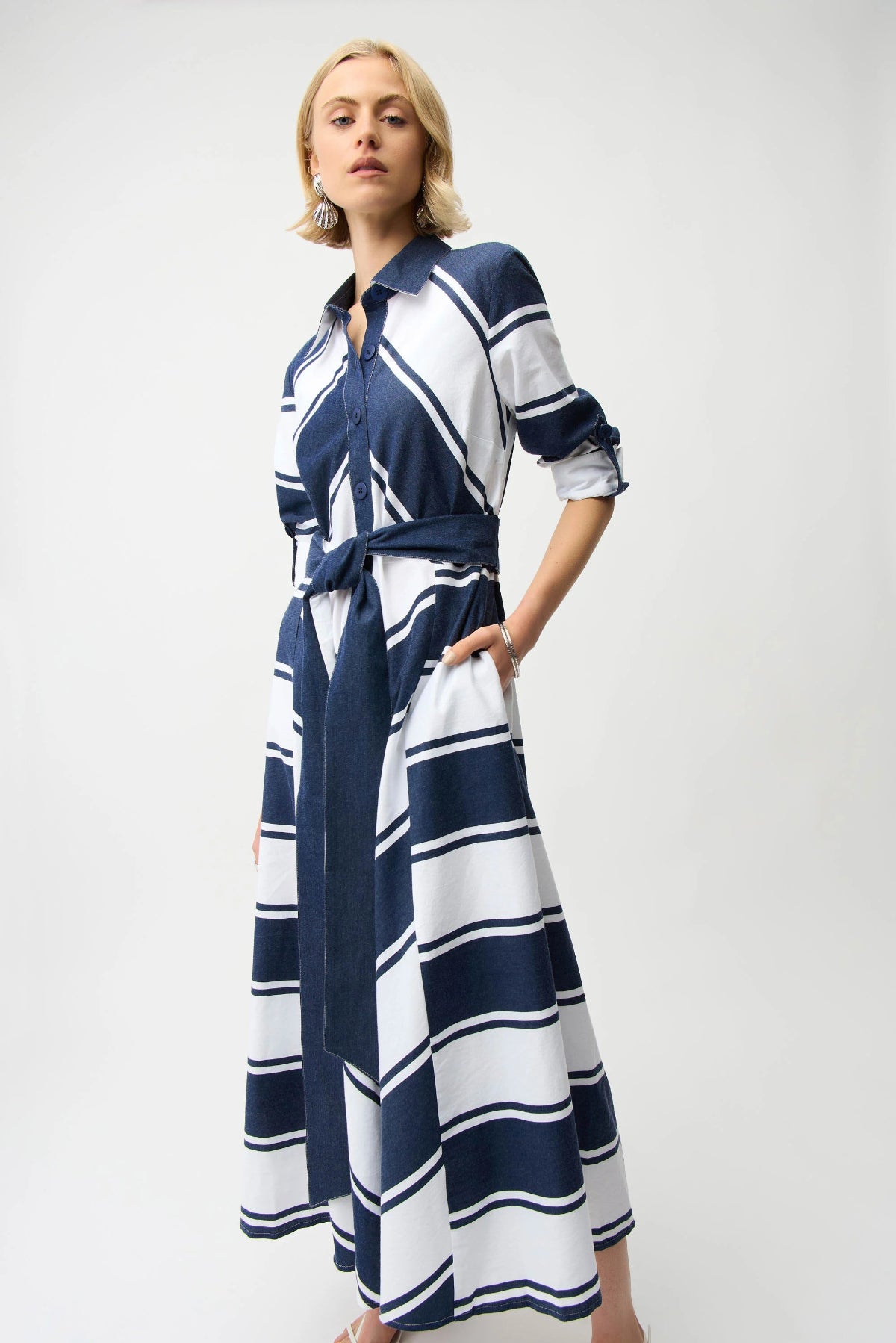 Cotton Stripe Print Fit and Flare Shirt Dress