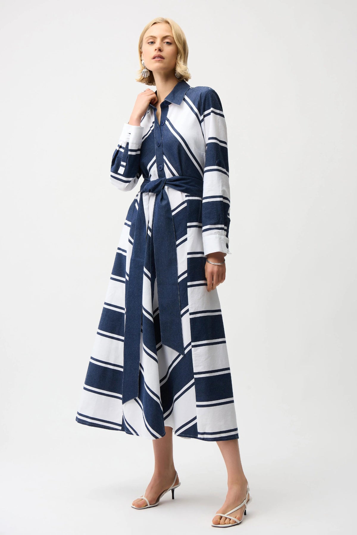 Cotton Stripe Print Fit and Flare Shirt Dress