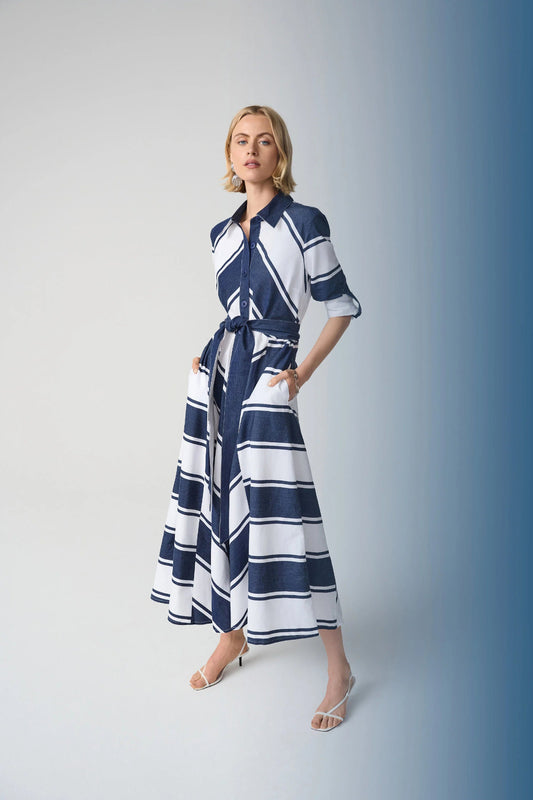 Cotton Stripe Print Fit and Flare Shirt Dress