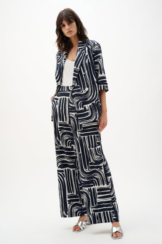 Joseph Ribkoff Seersucker Abstract Print Wide Leg Pull-On Trousers