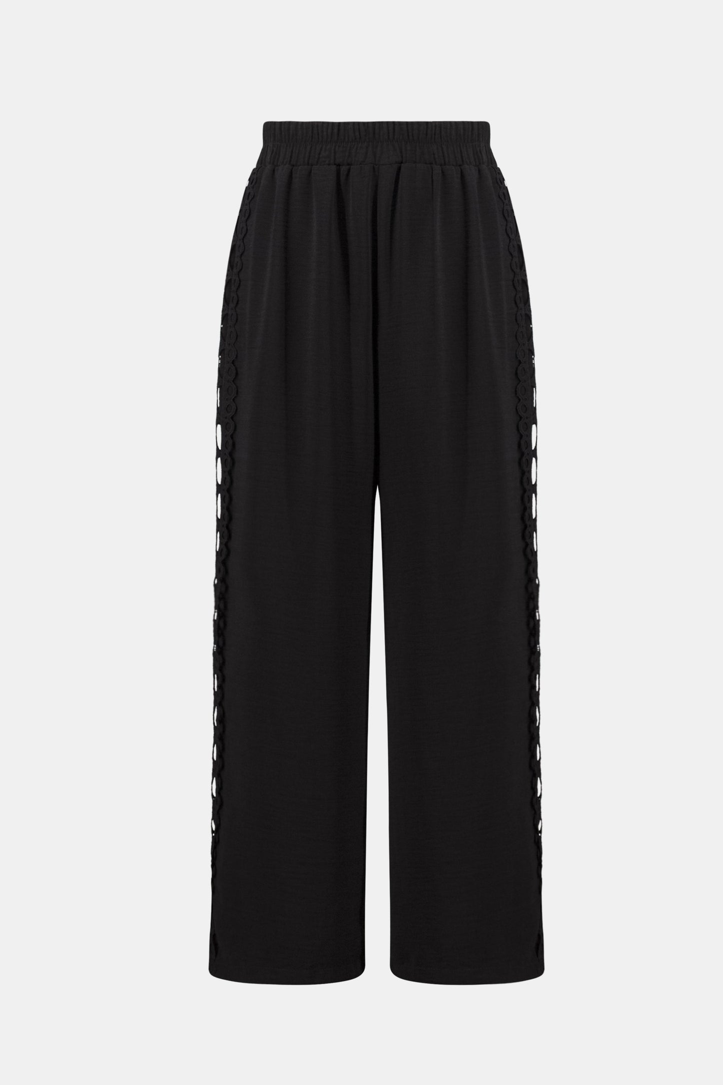 Wide Leg Pull-On Trousers With Guipure Trim - Lucindas on-line