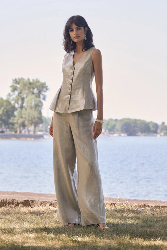 Joseph Ribkoff Foiled Linen Pull-On Wide Leg Trousers
