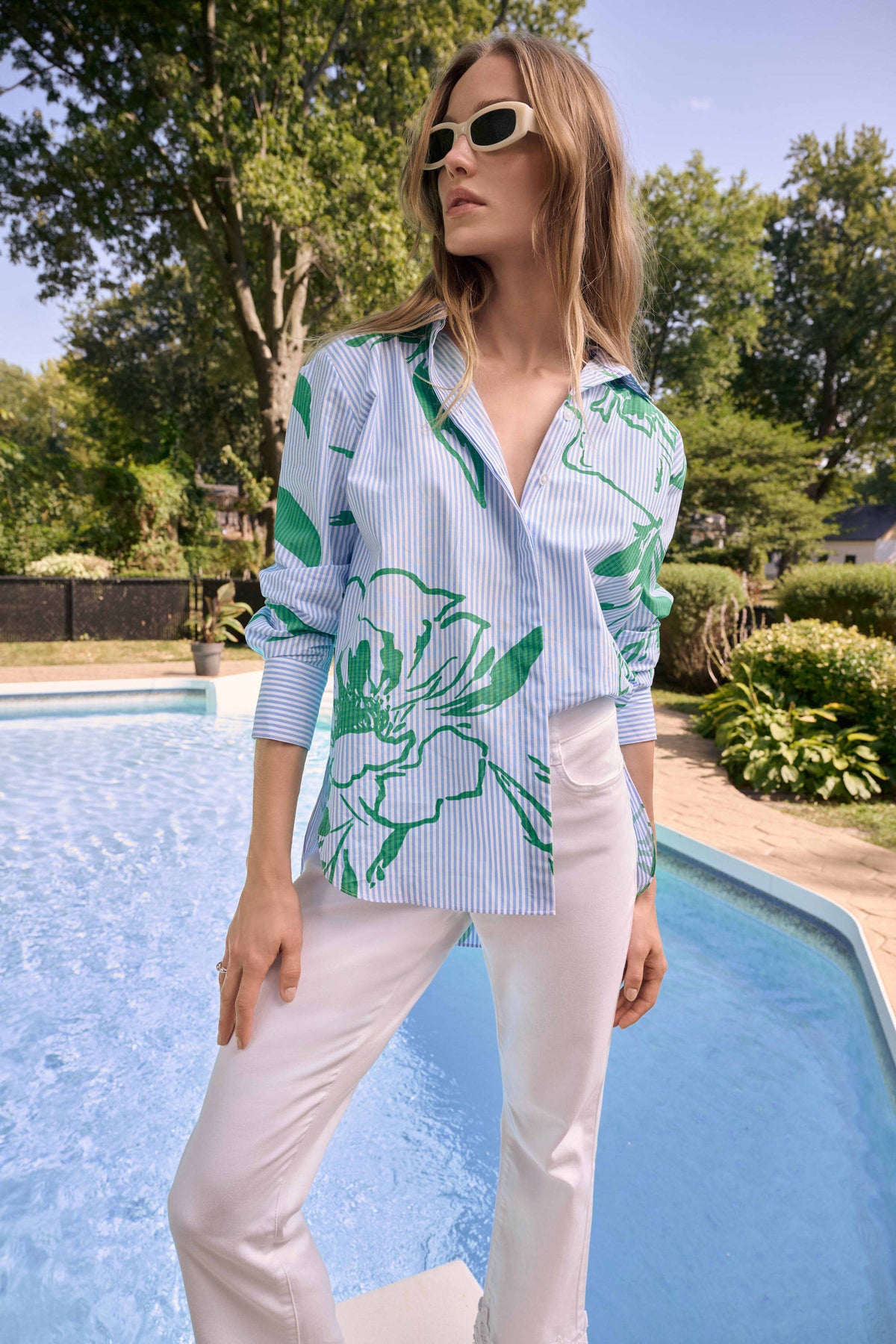 Cotton Stripe Floral Print Boxy Blouse - Lucindas on-line