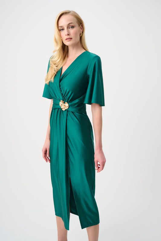 Satin Knit Wrap Dress With Ruched Waistband