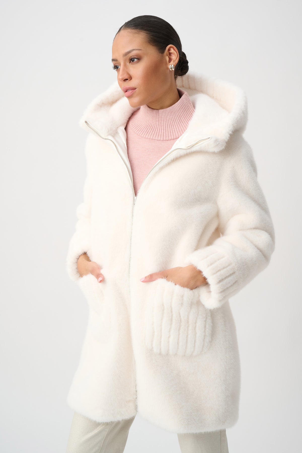 Plush Hooded Mid-Length Coat with Ribbed Details