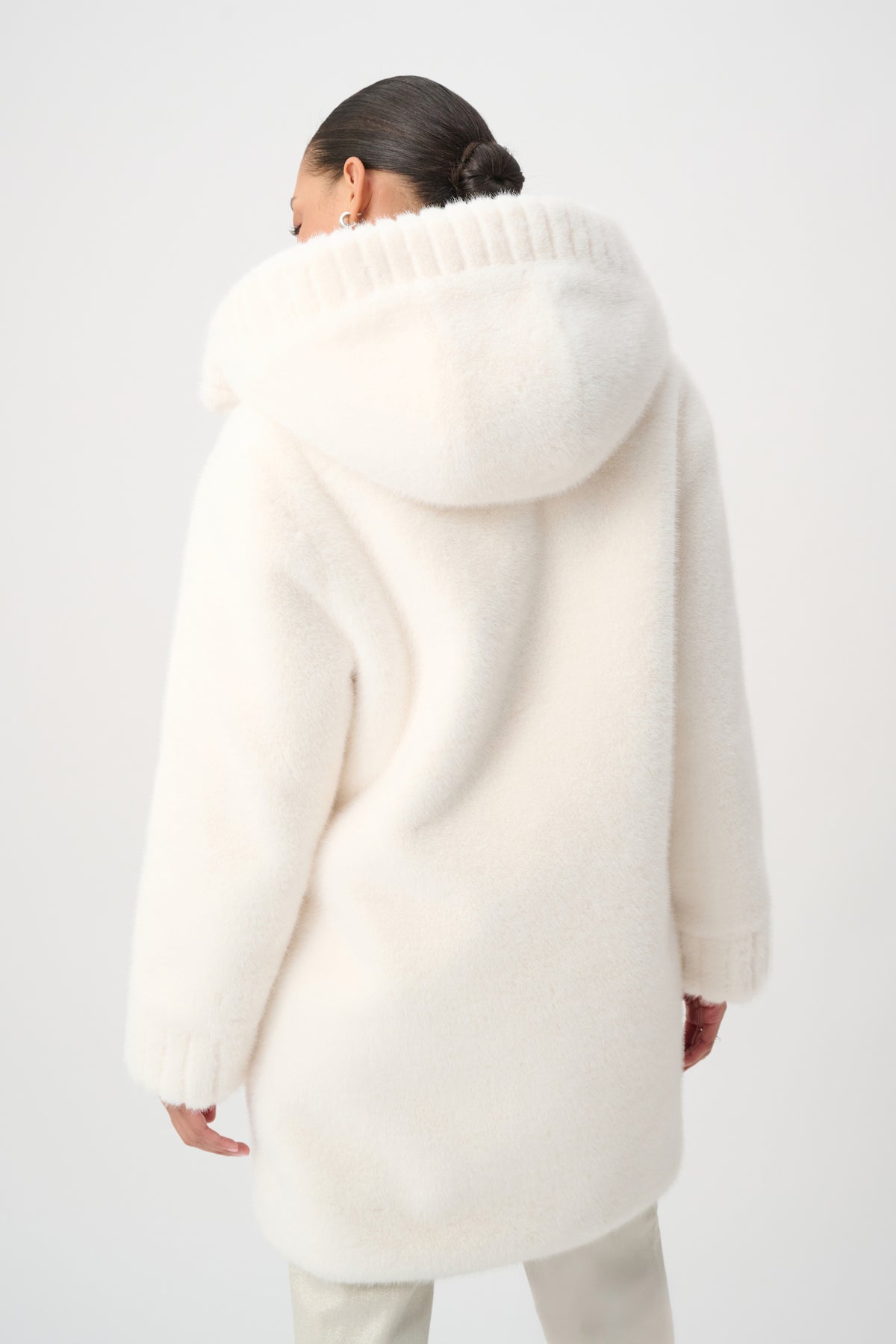 Plush Hooded Mid-Length Coat with Ribbed Details