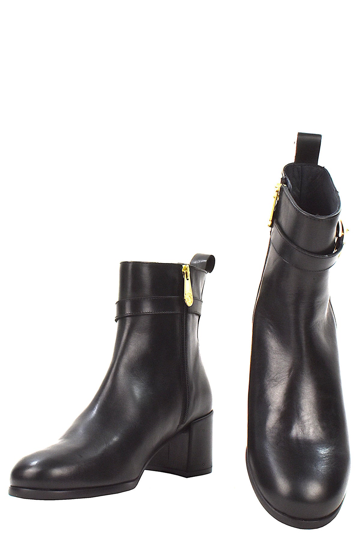 Beige ankle boot with a gold buckle