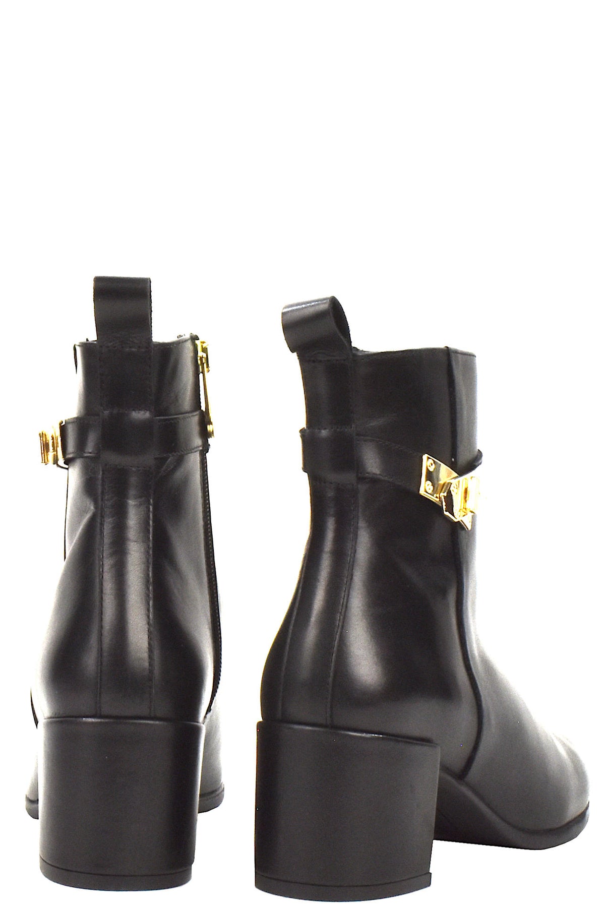 Beige ankle boot with a gold buckle