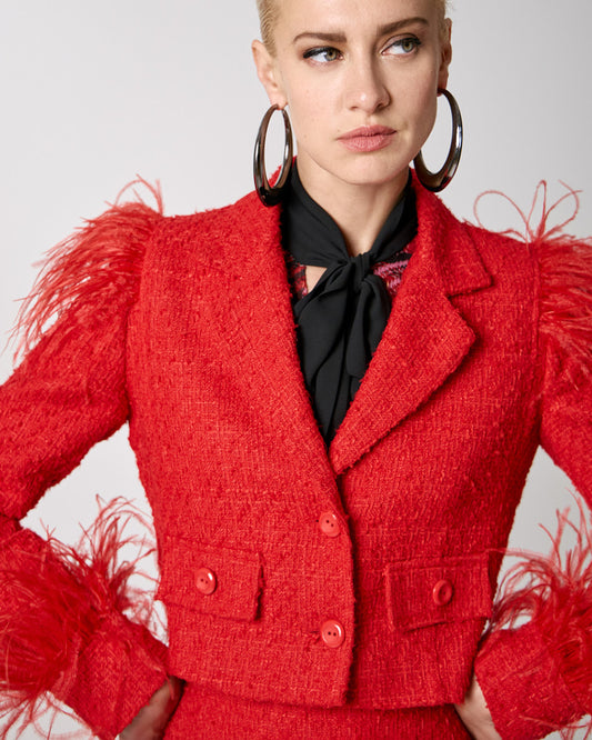 Red Cropped Tweed Blazer with Feathers
