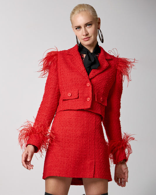Red Cropped Tweed Blazer with Feathers