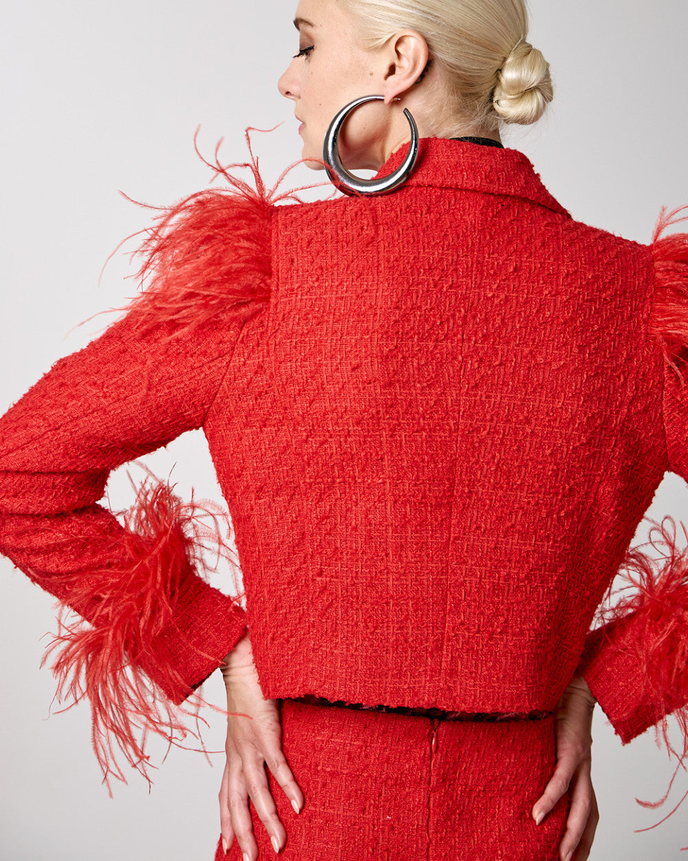Red Cropped Tweed Blazer with Feathers