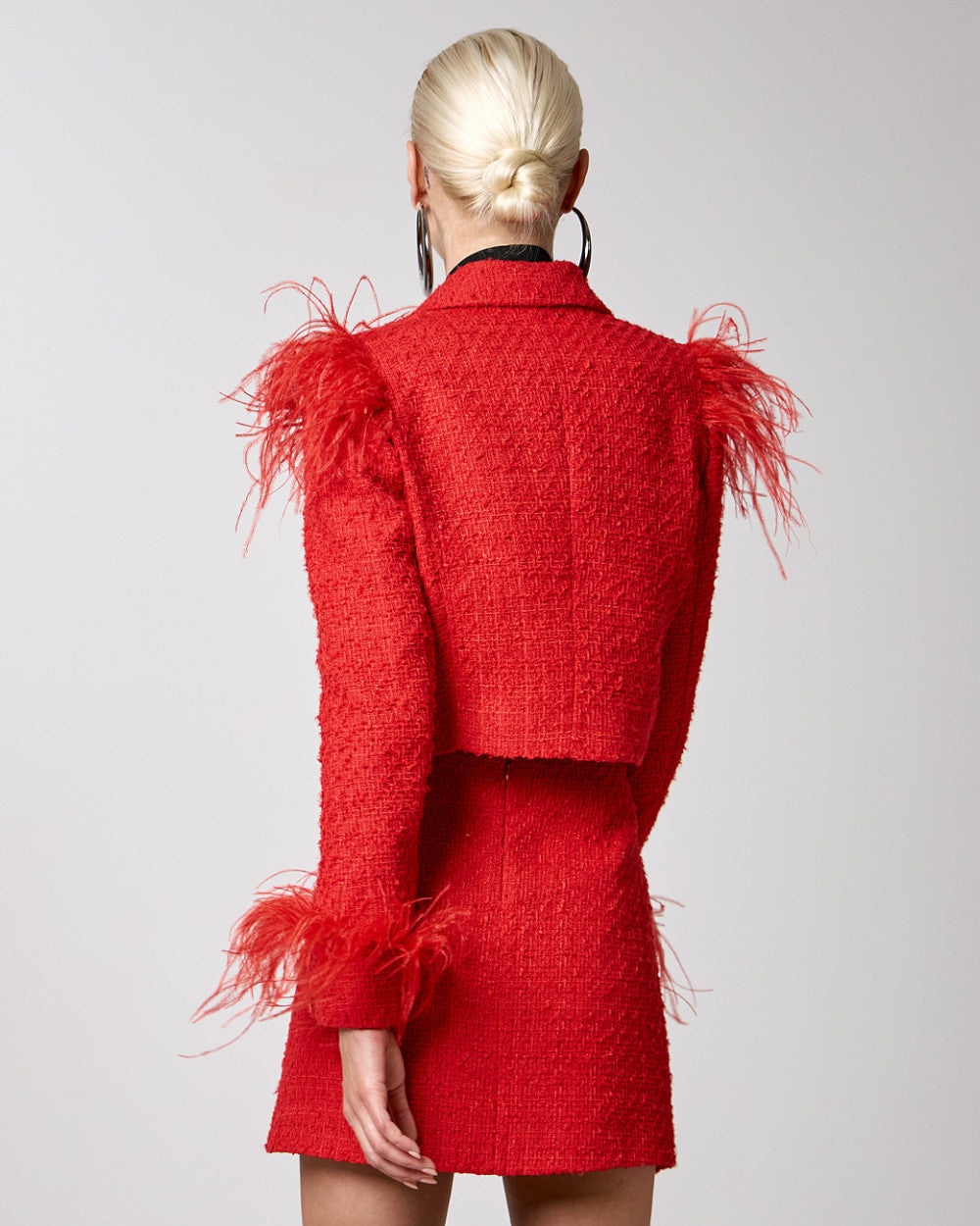 Red Cropped Tweed Blazer with Feathers