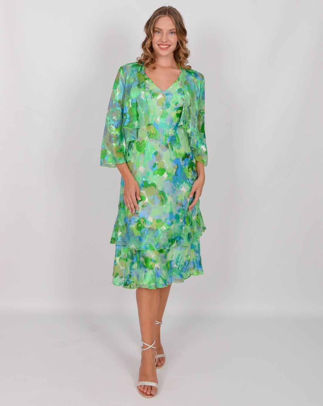 Printed Pure Silk Tiered Dress with Bolero 4111