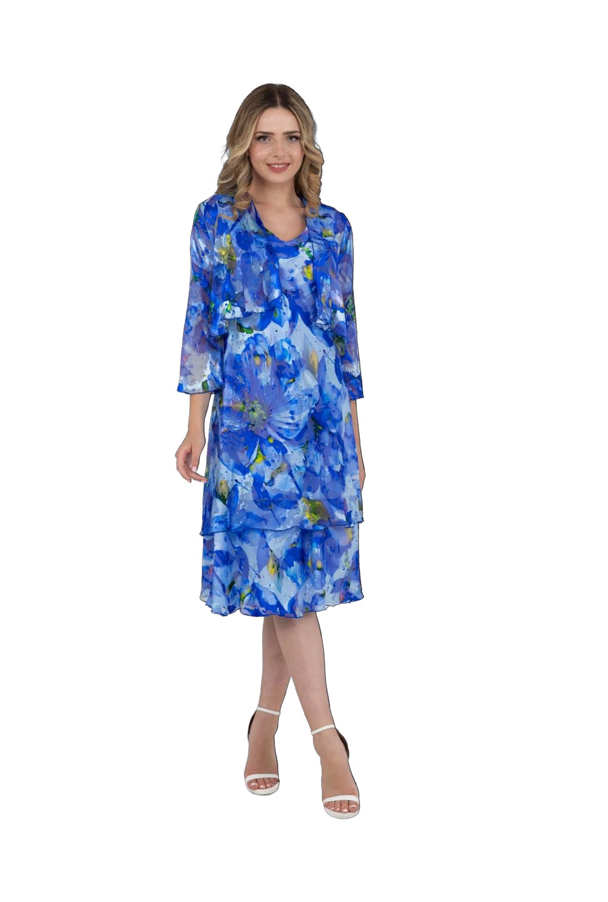Allison Pure Silk Floral Print Tiered Dress with Bolero