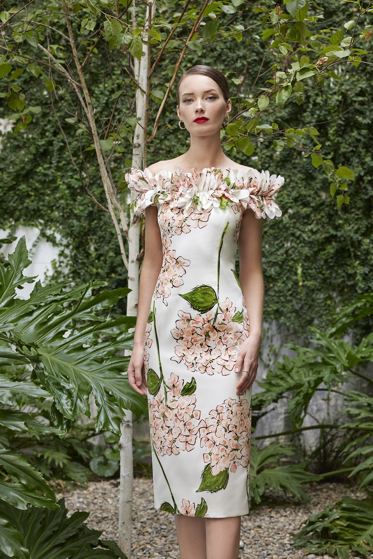 Carla Ruiz Floral Print Taffeta Off-Shoulder Dress