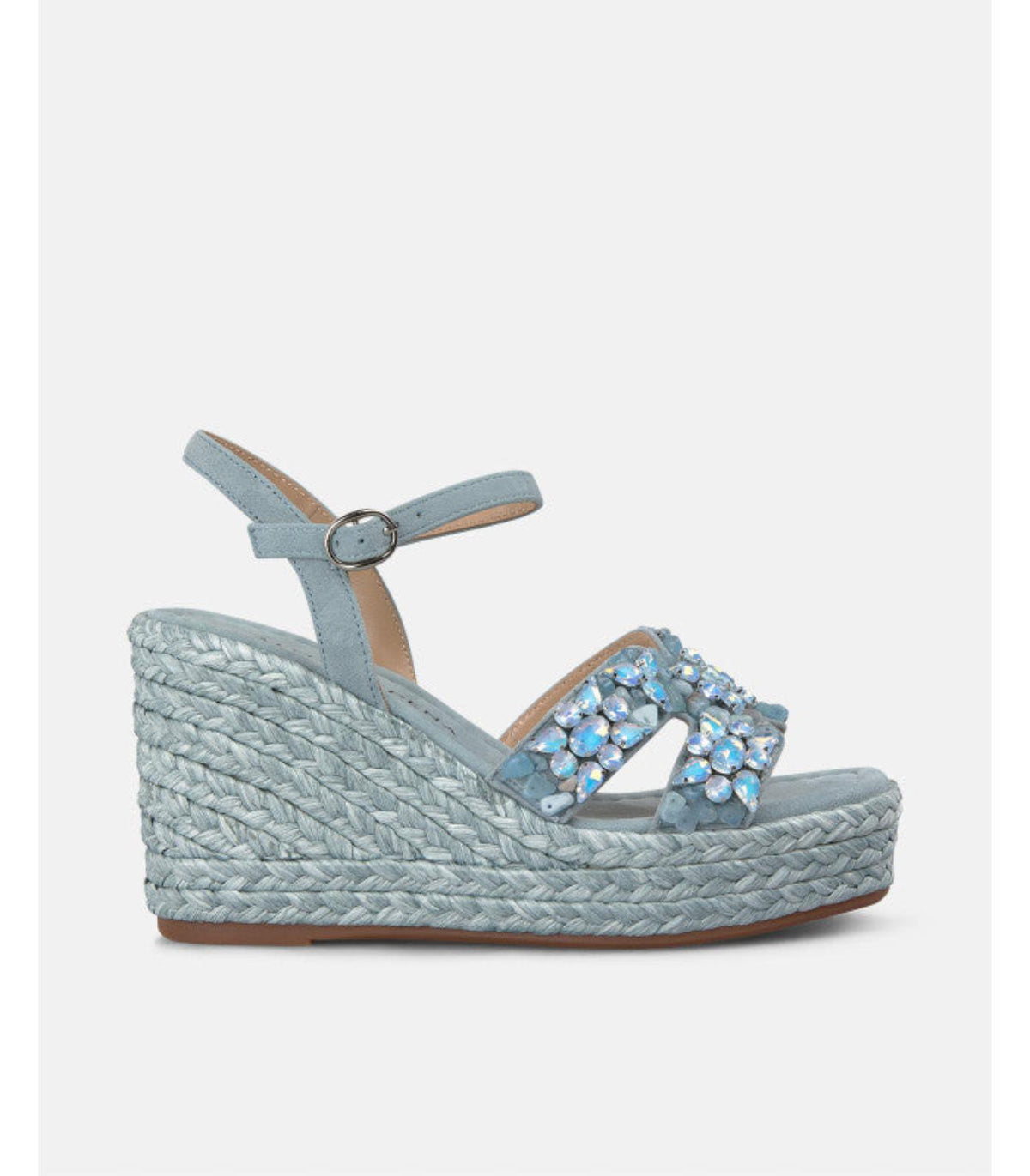 Blue Raffia Rapped Wedge Sandal with Stones