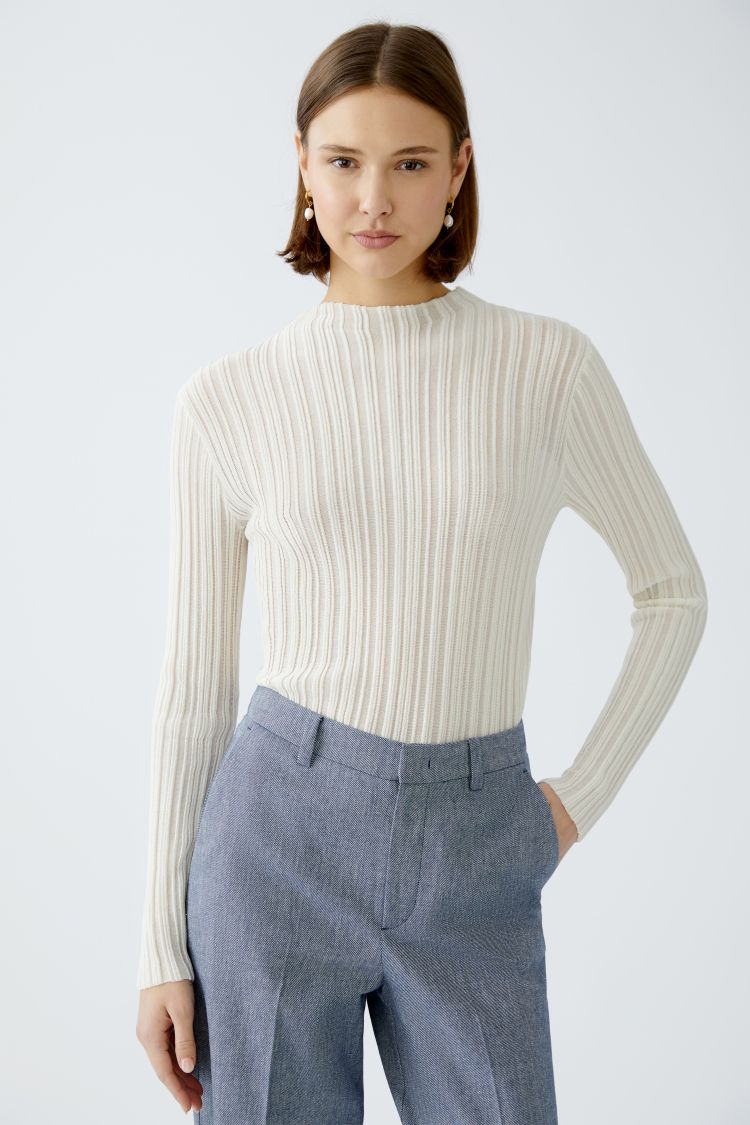 Oui Ivory Ribbed Knit Long Sleeve Top