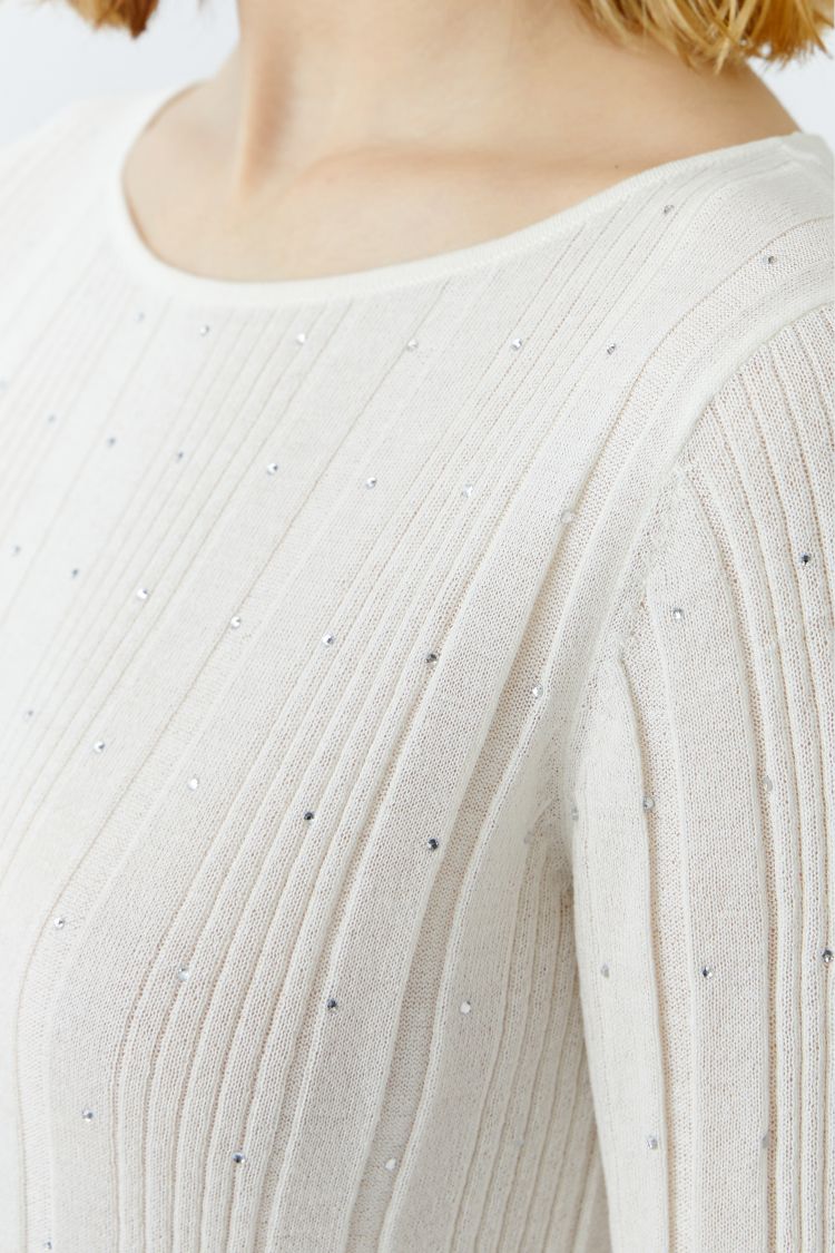 Oui Ivory Ribbed Knit Top with Glitter Stone Detailing