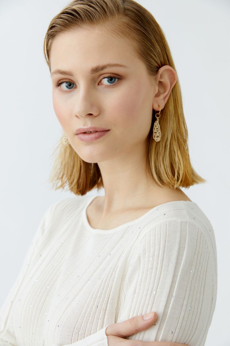 Oui Ivory Ribbed Knit Top with Glitter Stone Detailing